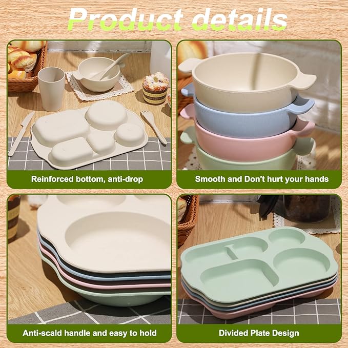 24 Pcs Wheat Straw Dinnerware Cutlery Set for Aldult Including Divided Plates Microwave Dishwasher Safe Bowl Unbreakable Tableware Straw Cutlery Spoon Knife Fork(Beige/pink/green/blue)