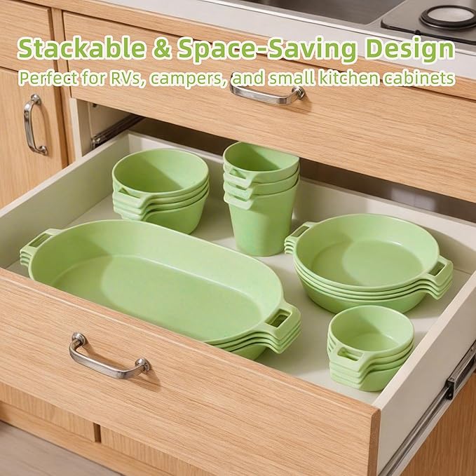 Dinnerware Set for 4, 21-Piece Reusable Plates and Bowls Set with Mesh Bag, Cups, Sauce Dishes and Serving Platters, Lightweight Outdoor Dish Set for Picnic, RV, Patio, BBQ, Sage Green