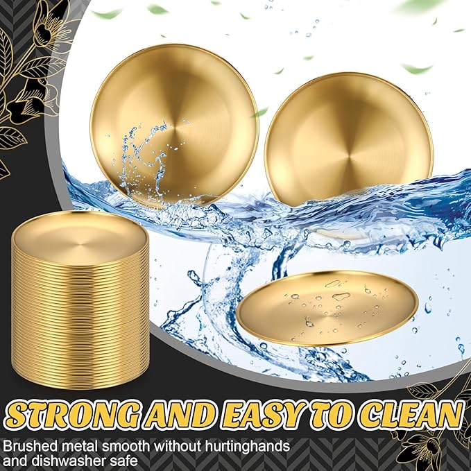 Uiifan 40 Pcs 304 Stainless Steel Dinner Plates Gold 8 Inch Platter Serving Flat Metal Dessert Salad Camping Plates Kitchenware Dinner Dishes for BBQ Snack Steak Food Serving Dishwasher Safe
