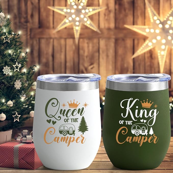 Lifecapido Camping Gifts, Queen of The Camper and King of The Camper 12oz Wine Tumblers Set, Camper Gifts Holiday Gifts Birthday Gifts Christmas Gifts for Capmer (2 Pack, White and Army Green)