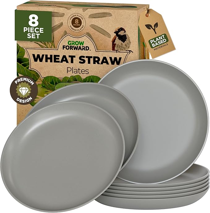 Grow Forward Premium Wheat Straw Plates - 8 Inch Reusable Hard Plastic Dinner Plates Set of 8 - Unbreakable Microwave Safe Plates for Dessert, Camping, RV, Outdoors, Patio, Kitchen Dishes - Feather
