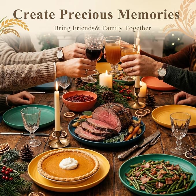 Large Wheat Straw Plates 11 Inch, Unbreakable Dinner Plate Set for 8, Plastic Plates Reusable, Microwave and Dishwasher Safe Kitchen Plate for Holiday, Party, BBQ - Multi