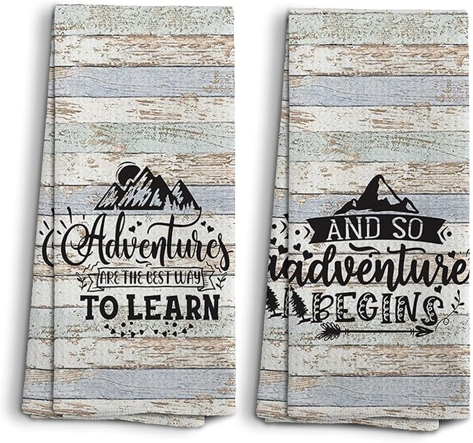 Camping Dish Towels, Camping Gifts, Adventure Time Kitchen Towels, Camping Decorations Hand Towels, Retirement Gift for Women Men, and so The Adventure Begins Tea Towels, Set of 2, 16x2