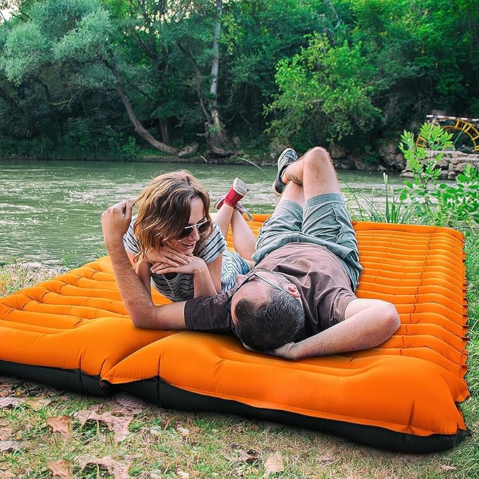 Yuzonc Double Sleeping Pad for Camping, 4" Extra Thick Self-Inflating Air Mattress - 2 Person Inflatable Camping Mat with Built-in Foot Pump & Pillow, Backpacking Hiking Tent Travel-Orange