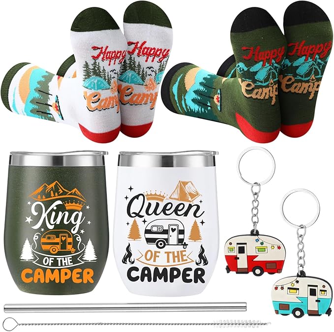 Patelai 6 Pcs Camping Gift Set RV Gifts for Couple Includes 12 oz Stainless Steel Wine Tumblers Unisex Crew Socks Keychains Outdoor Gifts for Women Men Picnics Hiking RV (Classic)