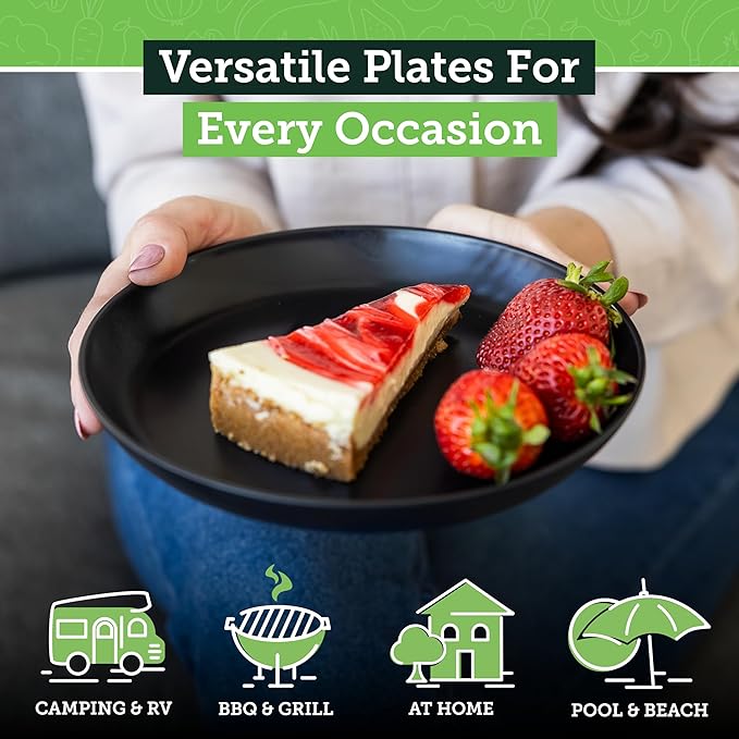 Grow Forward Premium Wheat Straw Plates - 8 Inch Reusable Hard Plastic Dinner Plates Set of 8 - Unbreakable Microwave Safe Plates for Dessert, Camping, RV, Outdoors, Patio, Kitchen Dishes - Midnight