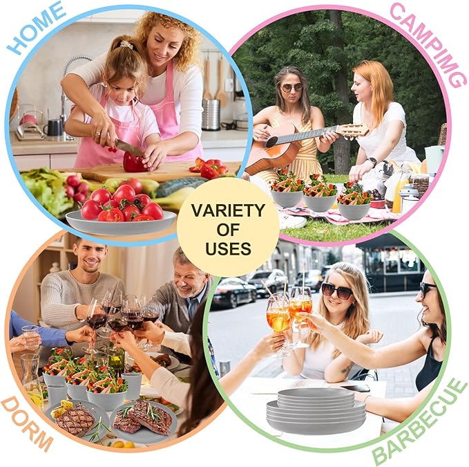 LIYH 28 Pcs Kitchen Plates and Bowls Set, Wheat Straw Dinnerware Sets, Unbreakable Plates and Bowls Sets for 4, Reusable Plate Wheat Straw Dishes Set for Daily & Camping, Light Grey Kitchen Decor