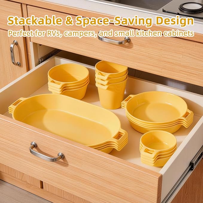 Dinnerware Set for 4, 21-Piece Reusable Plates and Bowls Set with Mesh Bag, Cups, Sauce Dishes and Serving Platters, Lightweight Outdoor Dish Set for Picnic, RV, Patio, BBQ, Mustard Yellow