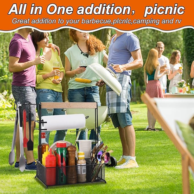VIKEYHOME Grill Caddy, Picnic BBQ Organizer for Camping Outdoor Mesh Basket with 3 Hanging Hooks and Paper Towel Holder, Ideal Table Storage Tools for RV Camper/Tailgating/Flatware