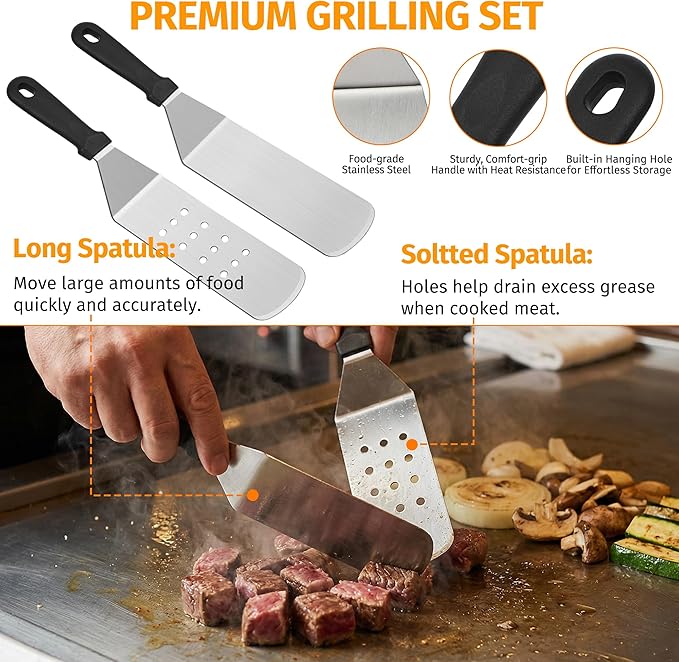 17 PCS Griddle Accessories Kit, Flat Top Grill Accessories Set for Blackstone and Camp Chef, Grill Spatula Set with Enlarged Spatulas, Scraper - Outdoor Barbecue Tools Gifts for Men Dad Him