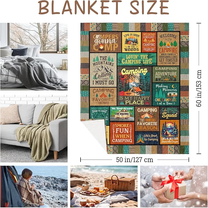 Camping Gifts for Women, Camping Blanket 60"x50", Camping Gifts for Men, Camper Gift for Couples Woman Lovers Girls Boys, Camper Gift Ideas for Birthday Christmas
