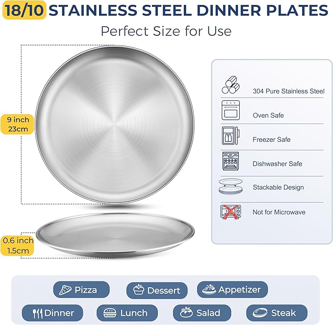 Homikit 6 Pack Stainless Steel Plates, Metal Kids Toddler Dinner Plate Set Non Toxic, 9 Inch Round Camping Plates for Serving Dishes Dessert Salad, Unbreakable & Reusable, Dishwasher Safe