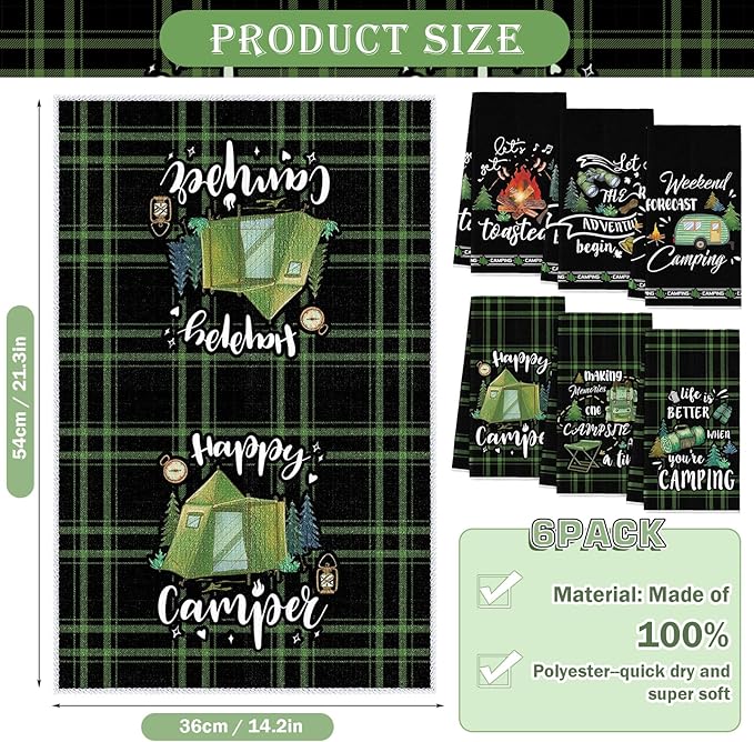 Redbaker 6 Pcs Camping Kitchen Towels Bonfire Tent Car Dishcloth Outdoors Happy Camper Hand Tea Towels Decorative Set Absorbent Camping Decor with Hanging Loop for Camper Gifts RV Accessories(Black)