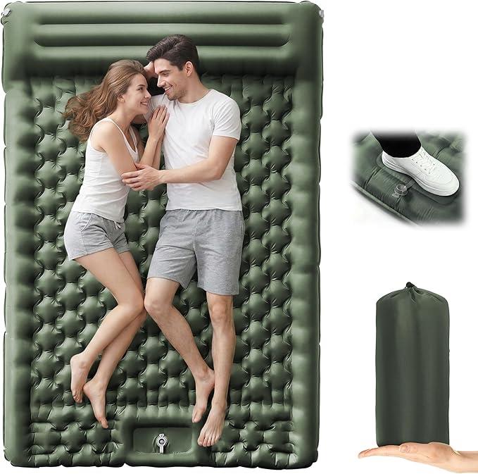 Camping Sleeping Pad, 5.1" Extra-Thick Camping Mattress with Pillow, Built-in Foot Pump Ultralight Inflatable Sleeping Pads for Camping Hiking Backpacking Traveling Tent, Military Green, 2 Person