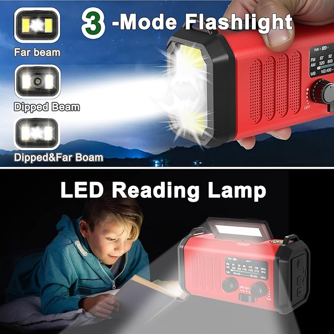 Leaton Emergency Radio NOAA Weather Radio Hand Crank & Solar Charging 20000mAh/74000mWh Rechargeable Battery Built-in Flashlight Reading Light & SOS AM/FM & Portable for Camping & Emergencies