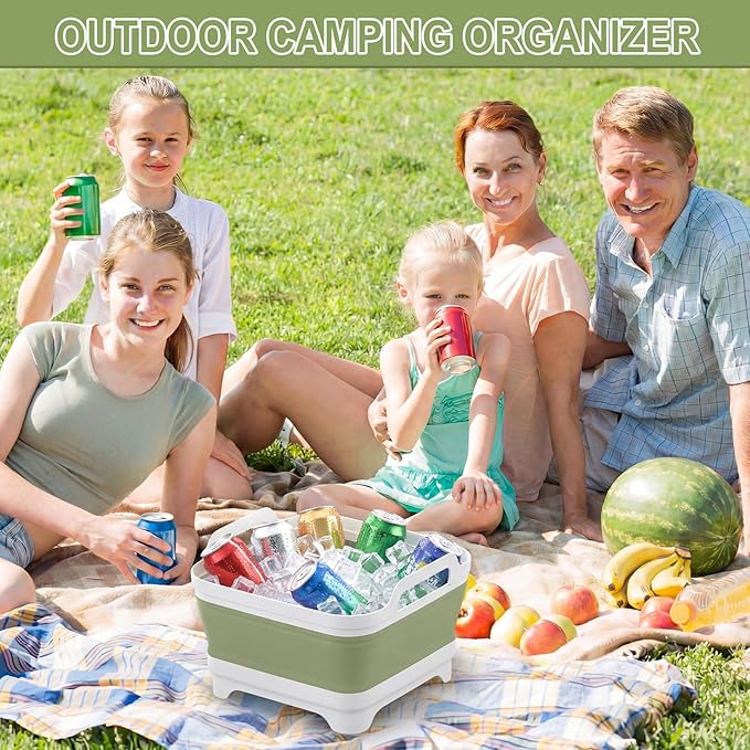 Collapsible Wash Basin for Baby Bottles with Drying Rack – 2.4 Gallon Foldable Dish Tub with Handles, Portable RV Camping Sink & Space-Saving Wash Bin with Lid for Kitchen, Travel & Outdoor, Green