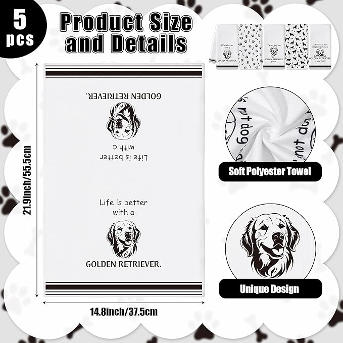 Golden Retriever Kitchen Dish Towel - 5Pcs Cute Golden Retriever Cleaning Dishcloth Puppy Dog Absorbent Bar Quick Dry Hand Towel Tea Towels for Housewarming Xmas Gift Bathroom Kitchen Home Decors