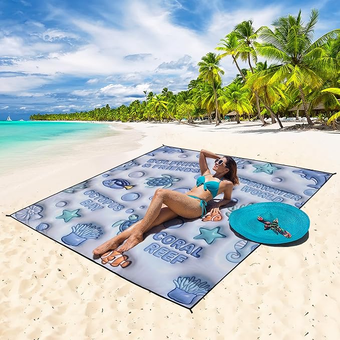 WIWIGO Beach Blanket Waterproof Sandproof Beach Mat 79" X 83"/10'x9'for 2-8 Adults Quick Drying Outdoor Picnic Mat Beach Accessories for Travel, Camping, Hiking