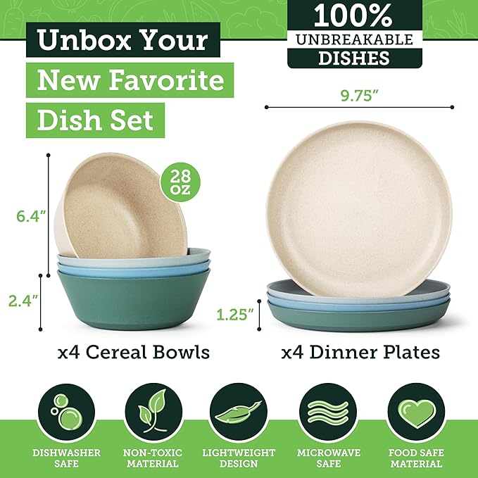 Grow Forward Premium Wheat Straw Plates and Bowls Sets - 8-Piece Wheat Straw Dinnerware Sets - Unbreakable & Reusable Microwave Safe Plastic Dinner Plates for Outdoors, RV, Camping Dishes - Oasis