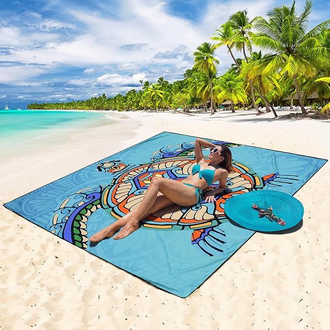WIWIGO Beach Blanket Waterproof Sandproof Beach Mat 79" X 83"/10'x9'for 2-8 Adults Quick Drying Outdoor Picnic Mat Beach Accessories for Travel, Camping, Hiking