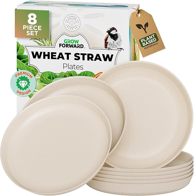 Grow Forward Premium Wheat Straw Plates - 10 Inch Reusable Hard Plastic Dinner Plates Set of 8 - Unbreakable & Microwave Safe Dishes for Dessert, Camping, RV, Outdoors, Patio, Kitchen - Sahara