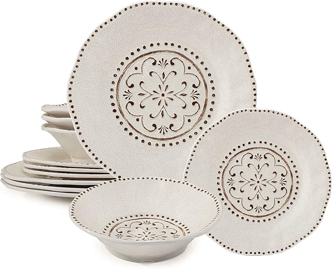 LEHAHA Beaded Crackle 12 Piece Melamine Camping Dinnerware Set, Plates and Bowls Sets, Indoor and Outdoor Use, Break-Resistant Rustic RV Dishes Set, Service for 4(Ivory)…