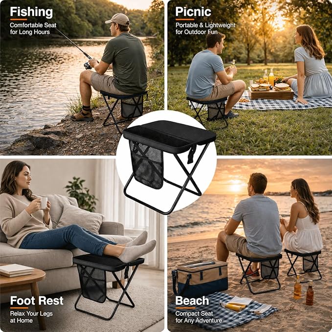 Foldable Stool with Carrying Bag,Compact Folding Chair with Shoulder Strap, Lightweight Outdoor Seat for Fishing, Camping, Hiking, Garden, Beach, Sports Games, Festivals (Black)
