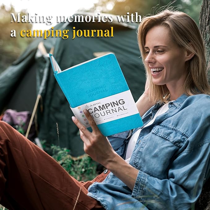 JUBTIC Camping Journal and RV Travel Log Book, A5 Adventure Journal for 25 Camping, Hiking Journal, Family Travel Books Camper Essentials Camping Gifts for Women-Turquoise
