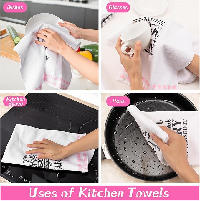 R HORSE Cute Pink Kitchen Towel Set 5Pcs Pink Check Kitchen Dishcloth Absorbent Funny Cleaning Dishcloth Bar Hand Towel Kitchen Holiday Decorations Gift for Hostess Mom Women Housewarming