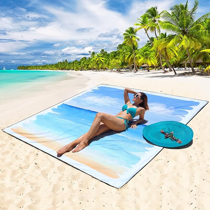 WIWIGO Beach Blanket Waterproof Sandproof Beach Mat 79" X 83"/10'x9'for 2-8 Adults Quick Drying Outdoor Picnic Mat Beach Accessories for Travel, Camping, Hiking