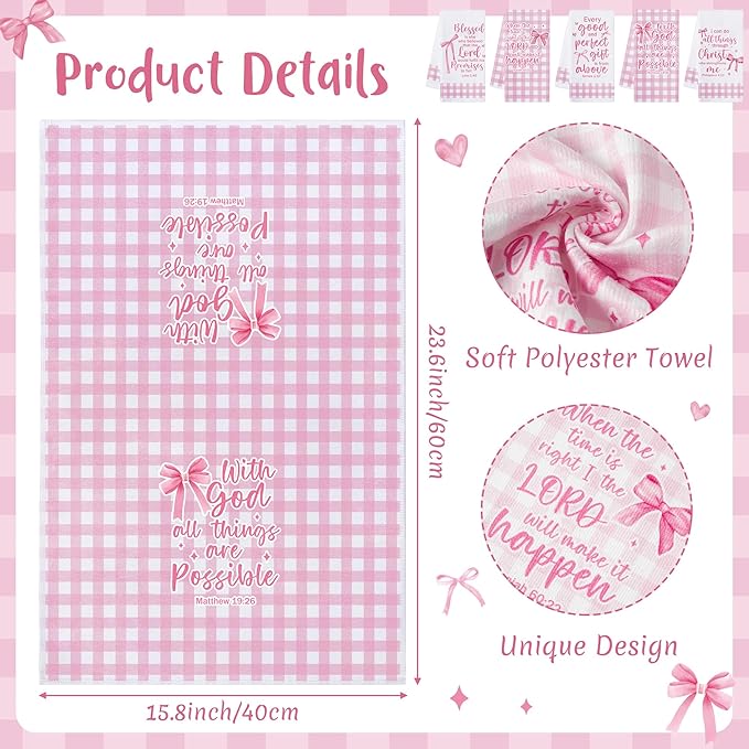 R HORSE Pink Bow Kitchen Dish Towels - 5Pcs Bible Verse Bow Absorbent Hand Towels, Religious Christian Pink Kitchen Dishcloths for Women Girls Bathroom Housewarming Religious Gifts Home Decor
