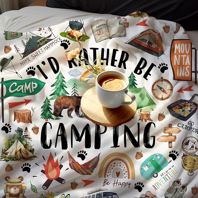 Camping Blanket Gifts for Women Men Camper Essentials Stuff Plush Flannel Throw Blanket Gifts for Camping Lovers Outdoor Camper Rv Owners Travel Hiking 50"x40"