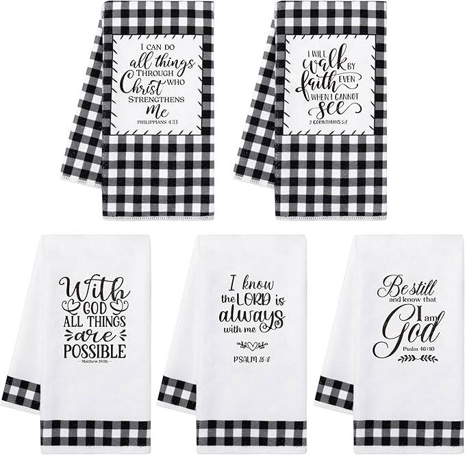 R HORSE 5Pcs Religious Christian Kitchen Dish Towel Black and White Check Cleaning Dishcloth Bible Verse Scripture Absorbent Bar Hand Towel Easter Gift for Women Men Housewarming Decor