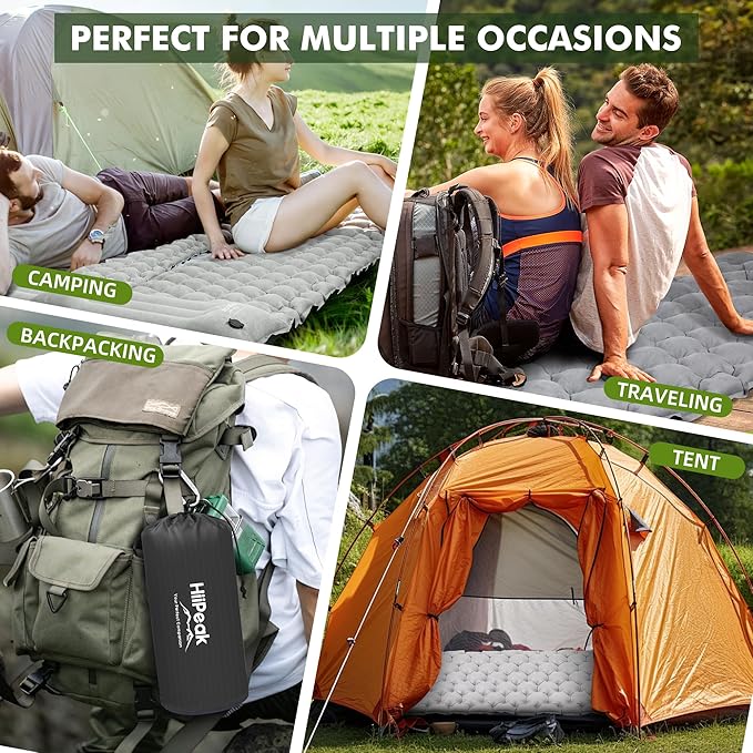 HiiPeak Camping Sleeping Pad, Suede Top Camping Mat with Pillow, Built-in Foot Pump Inflatable Sleeping Pads Compact for Camping Backpacking Hiking Traveling Tent