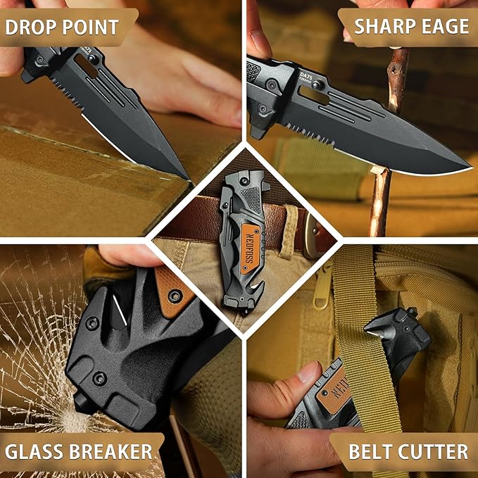 NedFoss Pocket Folding Knife Gift for Men DA75, 3 in 1 Pocket Knife for Men, 3.9” Serrated Blade, Cool knives for Dad Fathers Day, Survival Knife with Liner-Lock Belt Clip, Seat Belt Cutter, Glass Breaker, Tacical Gear, Hunting knife for Camping Hiking...