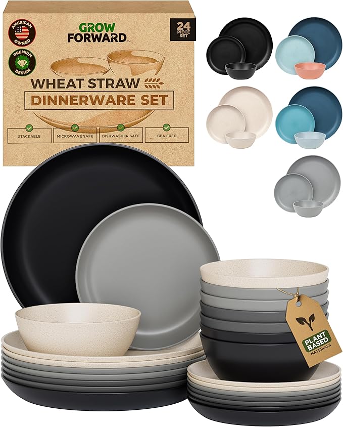 Grow Forward 24-piece Premium Wheat Straw Dinnerware Sets for 8 - Unbreakable Dishwasher & Microwave Safe Plastic Plates and Bowls Sets - Patio, Outdoors, RV, Camping Dishes - Moonlight