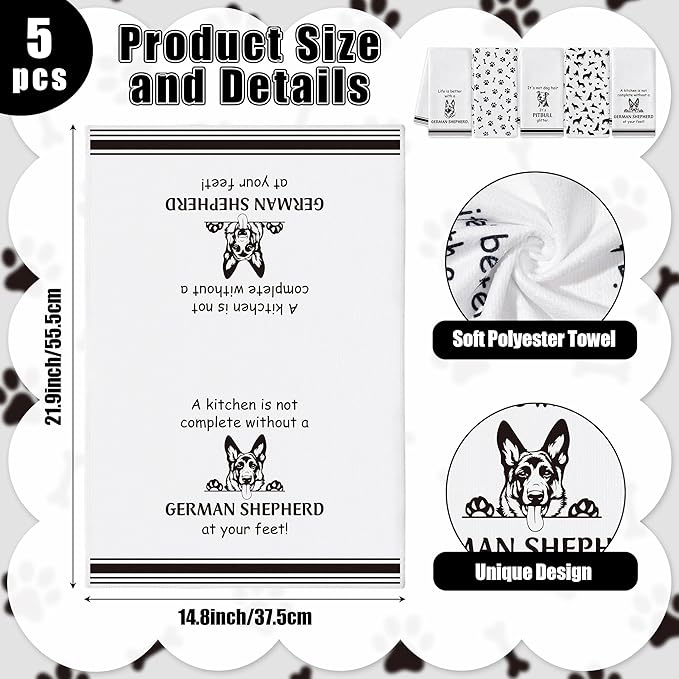 R HORSE German Shepherd Kitchen Dish Towel - 5Pcs Cute German Shepherd Cleaning Dishcloth Animal Dog Absorbent Bar Quick Dry Hand Towel Tea Towels for Dog Lovers Bathroom Kitchen Home Decors
