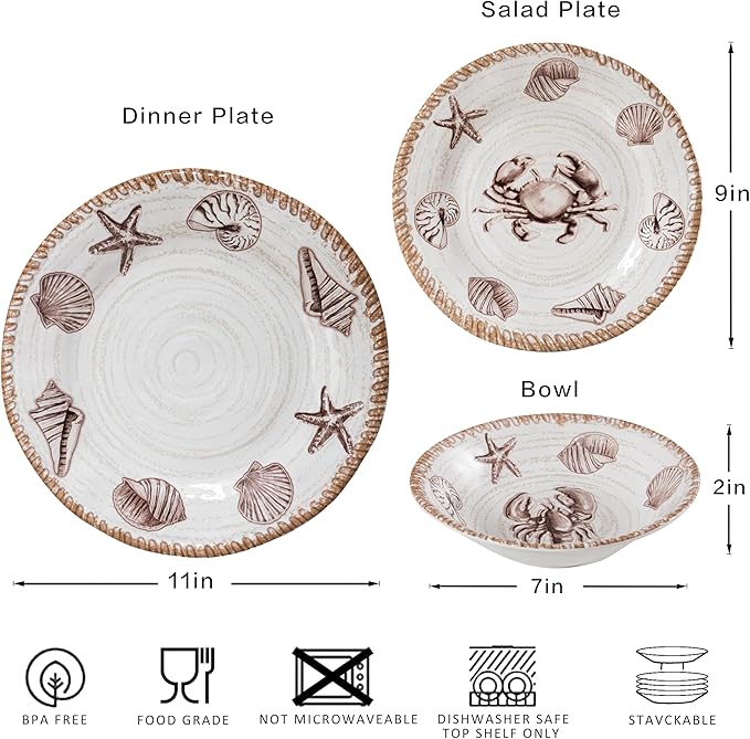 Melamine Dinnerware Sets, 12 Piece Rustic Oceanic Theme Outdoor Plates and Bowls Dinnerware Set for Patio, Farmhouse Coastal Dishes Dinnerware Set of 4, Great for Camper, RV, Multicolor