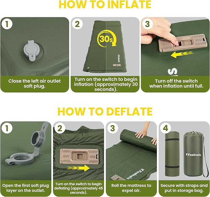 Self Inflating Sleeping Pad with Electric Pump, Memory Foam Camping Pad with Built-in Pillow, 4 Season Camping Mattress Pad, Camping Essentials Gear for Tent, Car, Hiking - Green
