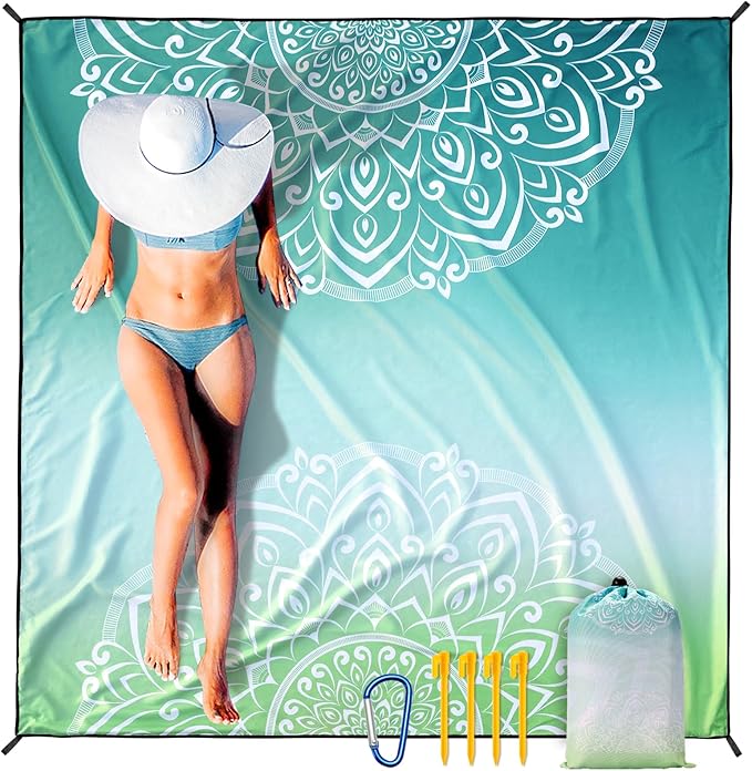 WIWIGO Beach Blanket Waterproof Sandproof Beach Mat 79" X 83"/10'x9'for 2-8 Adults Quick Drying Outdoor Picnic Mat Beach Accessories for Travel, Camping, Hiking