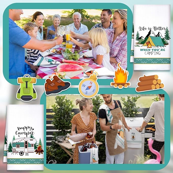 Boyiee Set of 6 Camping Kitchen Towels White Absorbent Dishcloth Bonfire Tent Car Tea Towels 24 x 16 Inches with Funny Sayings Novelty Gifts for Campers Happy Camper Camping Accessories for Rv Campers