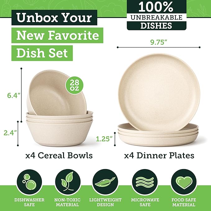 Grow Forward Premium Wheat Straw Plates and Bowls Sets - 8-Piece Wheat Straw Dinnerware Sets - Unbreakable & Reusable Microwave Safe Plastic Dinner Plates for Outdoors, RV, Camping Dishes - Sahara
