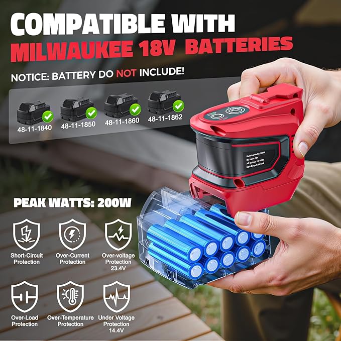 LIVOWALNY 200-250W Power Inverter Compatible with Milwaukee 18V Battery - DC 18V to AC 110-120V Power Station with 1 AC Outlet - 2 USB 1 Type-C & LED Light for Camping Power Outage - Tool Only - 2Pack