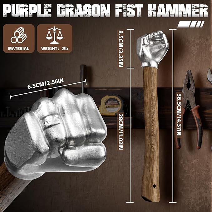 Purple Dragon Fist Hammer Tool - 2 Lbs Iron Fist-Shaped Hammer with Wooden Handle, Multi-Purpose Tool for DIY Crafting, Outdoor Camping, Home/Office Decor, Gifts for Men