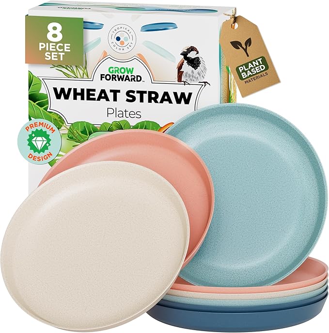 Grow Forward Premium Wheat Straw Plates - 10 Inch Reusable Hard Plastic Dinner Plates Set of 8 - Unbreakable Microwave Safe Plates for Dessert, Camping, RV, Outdoors, Patio, Kitchen Dishes - Tropical