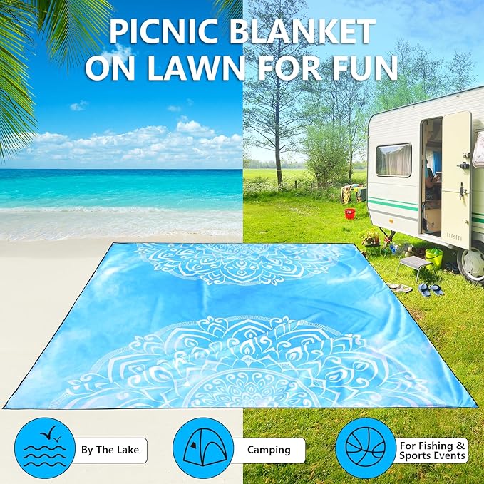WIWIGO Beach Blanket Waterproof Sandproof Beach Mat 79" X 83"/10'x9'for 2-8 Adults Quick Drying Outdoor Picnic Mat Beach Accessories for Travel, Camping, Hiking