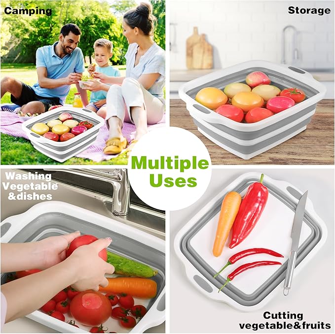Space Saving Cutting Board, Collapsible Dish Tub with Draining Hole, Folding Chopping Board with Colander, 3 in 1 Multifunction Camping Sink for Washing Dish, Bowl, Vegetables and Fruit