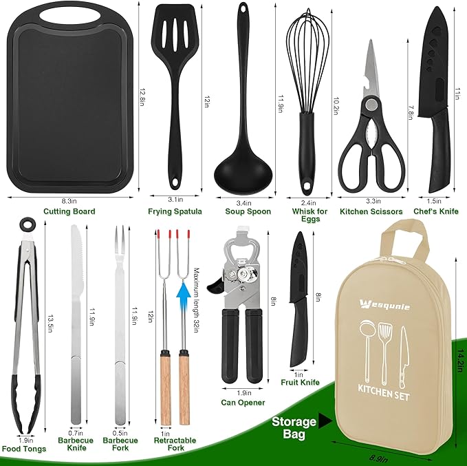Wesqunie Camping Essentials Cookware Cooking Utensils Set - Portable Camp Kitchen Mess Kit Outdoor Accessories, Stainless Steel & Silicone, Camping Gear Equipment for RV Picnic Grill, 14PCS Khaki