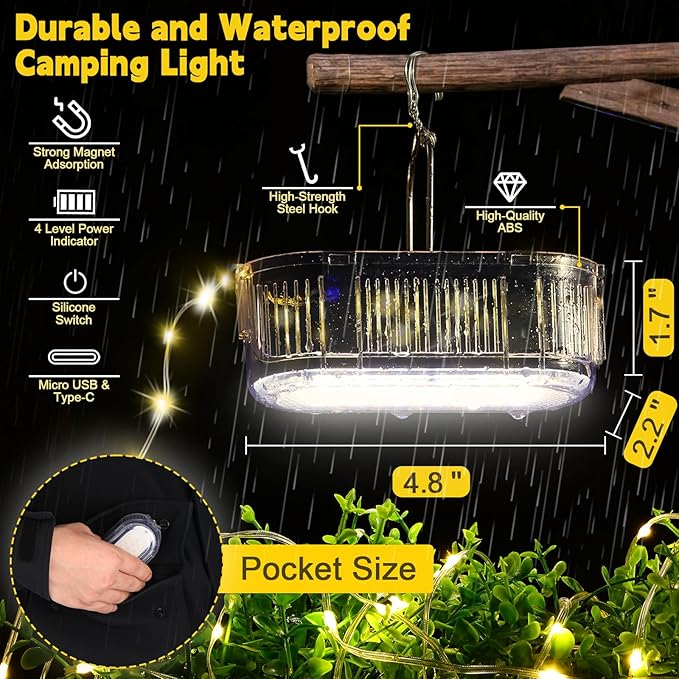 Camping String Lights for Camping Essentials Gear Waterproof, 21ft Hanging Lamp 3000LM for Outdoor Camping Awning Accessories, 2025 Upgraded LED Rechargeable Tent Rope Lights for Camper Decor (White)