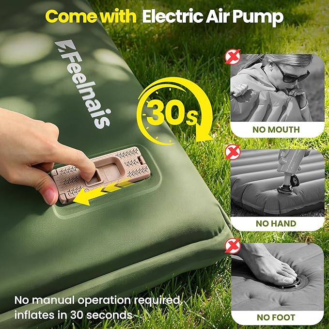 Self Inflating Sleeping Pad with Electric Pump, Memory Foam Camping Pad with Built-in Pillow, 4 Season Camping Mattress Pad, Camping Essentials Gear for Tent, Car, Hiking - Green